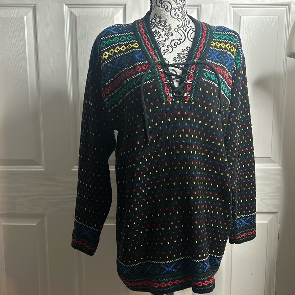 Liz Wear Vintage Long Sleeve Sweater Lace Up Neck L